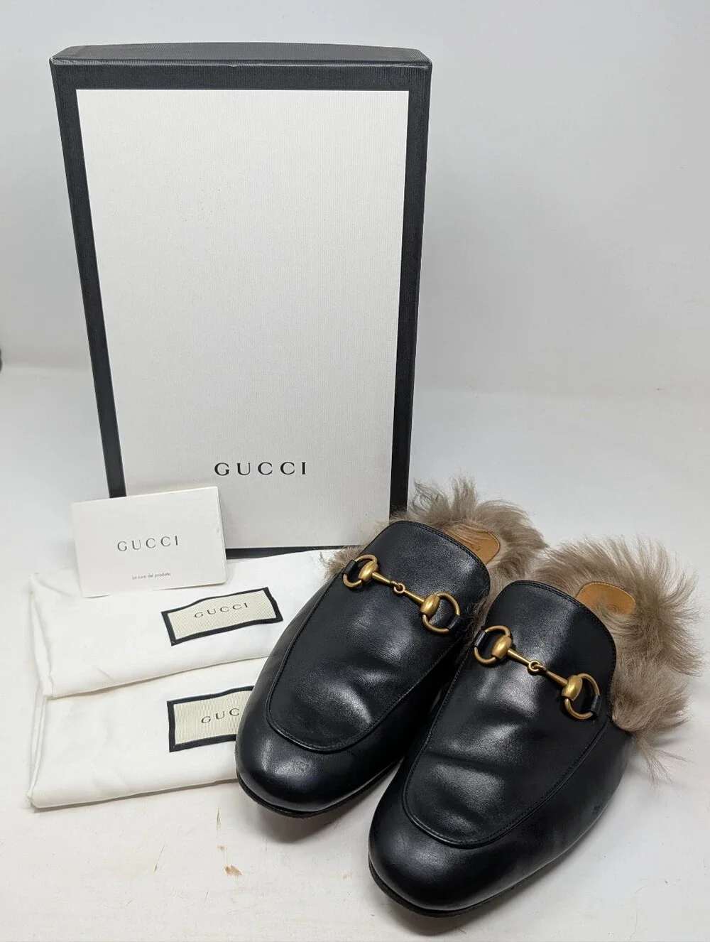 Gucci Men's Black Leather Horsebit Fur Princetown Mule Loafers Size 7